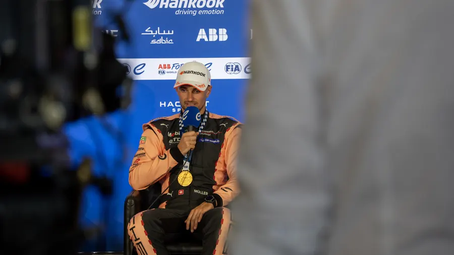 Formula E winner answering questions at the press conference, Berlin